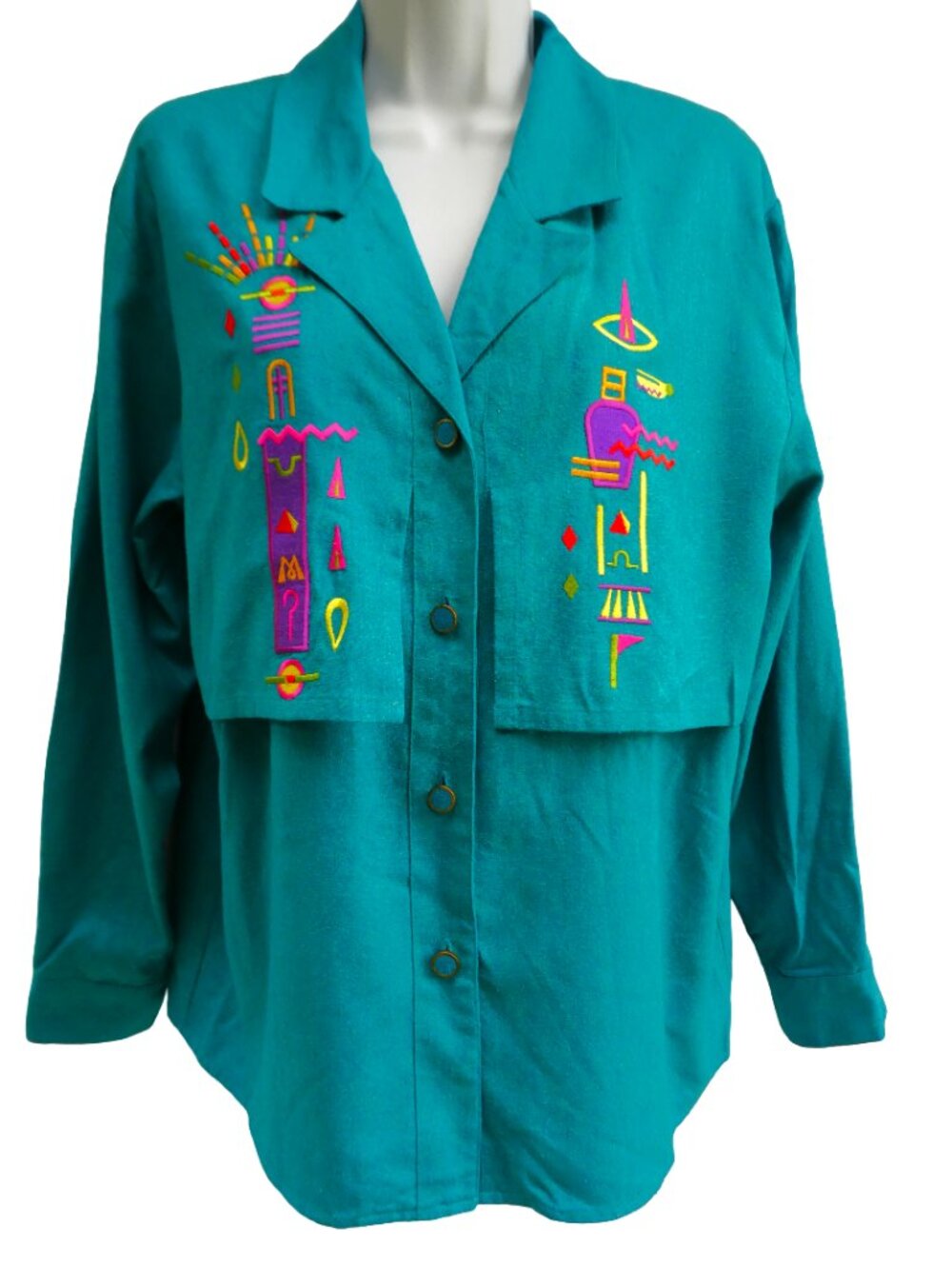 RaW SiLK South Western Shacket Shirt Teal Button Front Embroidered Art to Wear S